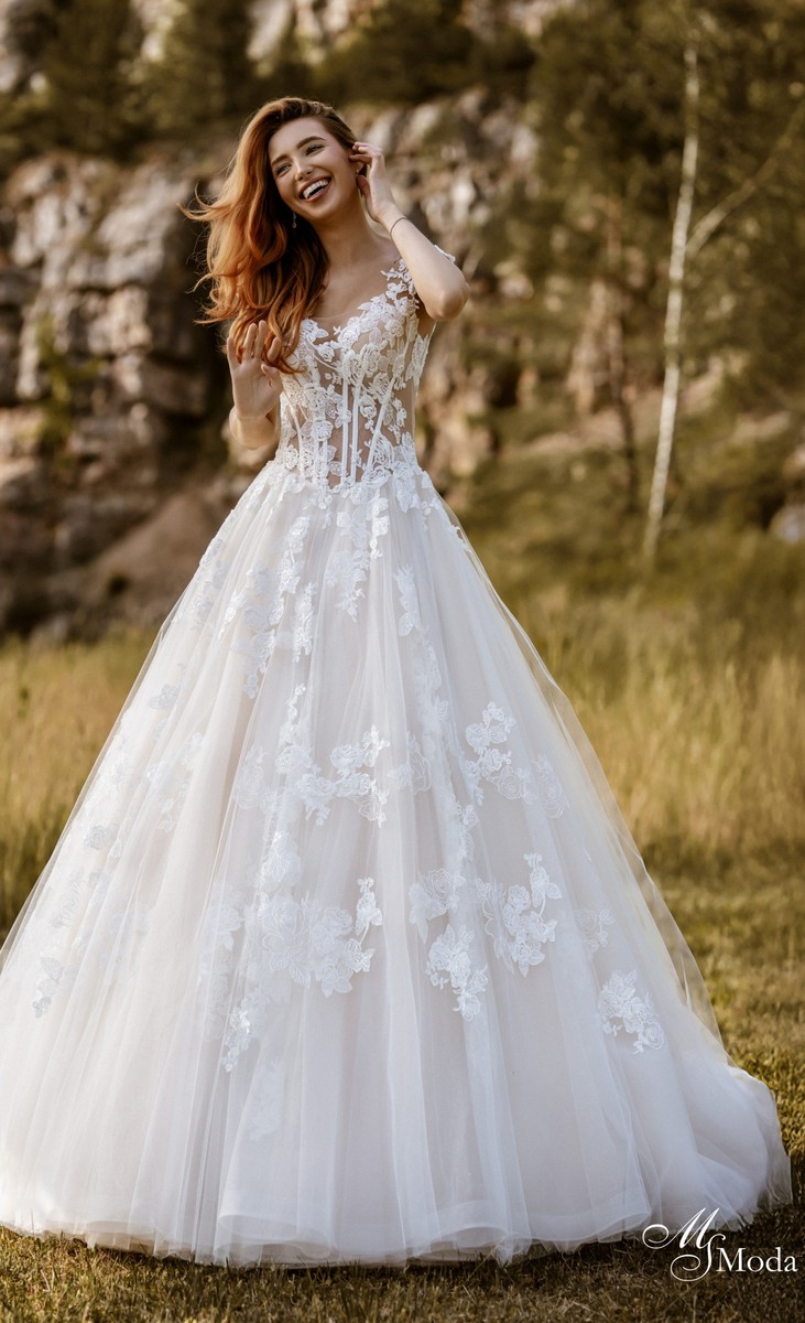 Suknia ślubna HANNELORE — Rozkloszowana, Cowl, Tiul, Cekiny, Koronka