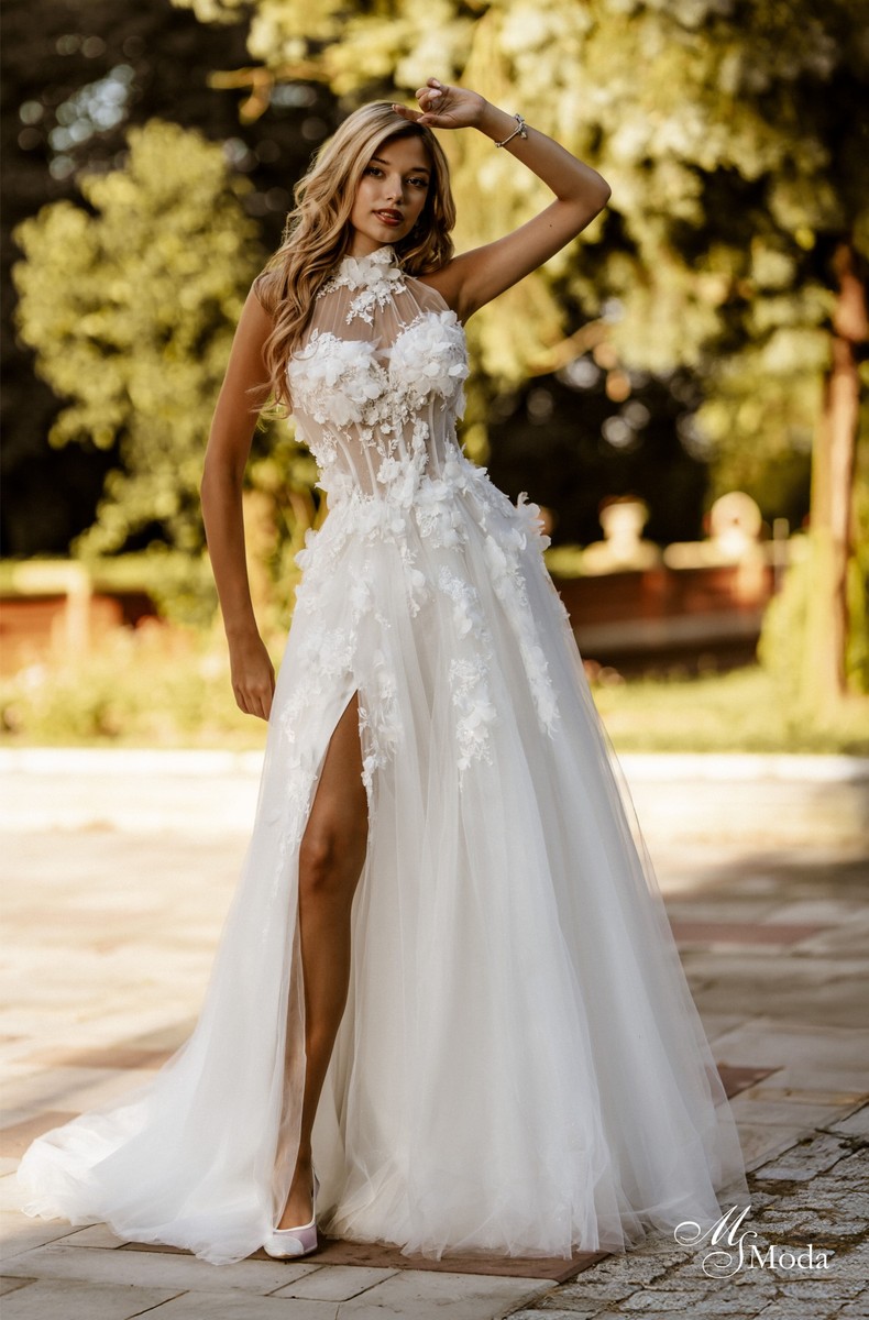 Suknia ślubna ROMY — Rozkloszowana, Serce, Halter, Tiul, Koronka, Cekiny