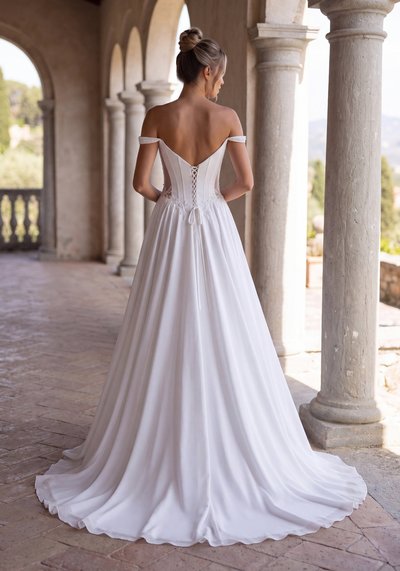Suknia ślubna ALFREDA — Litera A, Off-shoulder, Satyna, Krepa, Koronka