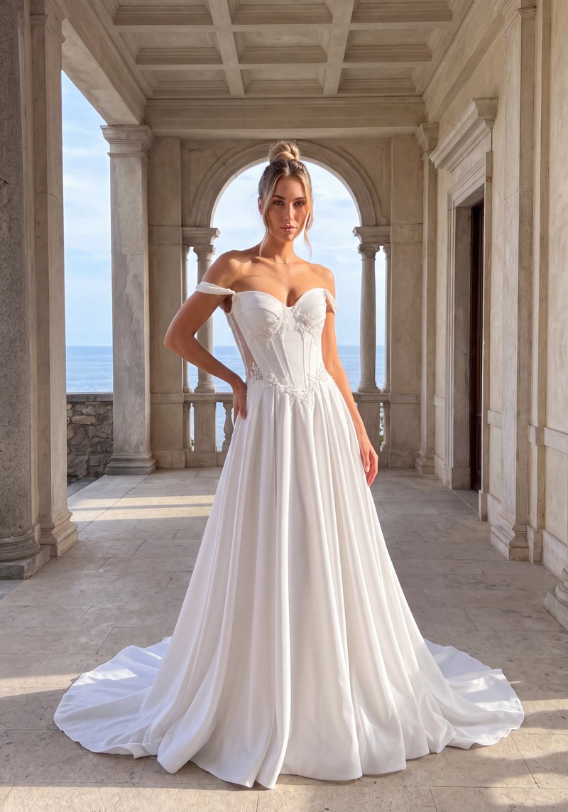 Suknia ślubna ALFREDA — Litera A, Off-shoulder, Satyna, Krepa, Koronka — cała sylwetka