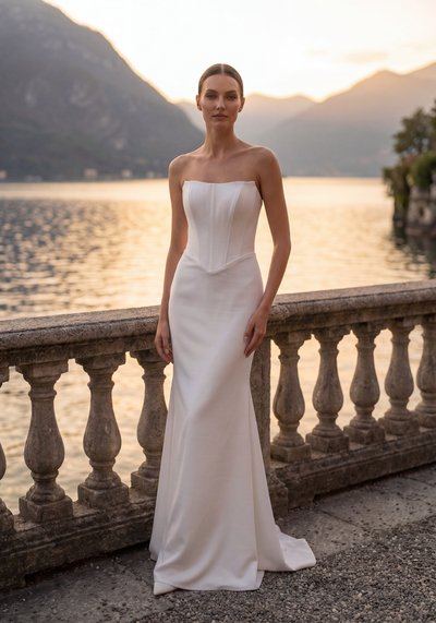 Suknia ślubna ESSENA — Sheath, Bez Ramion, Satyna, Krepa, Tiul, Organza, Koronka