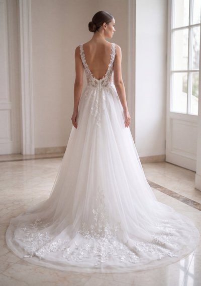 Suknia ślubna GRETCHEN — Rozkloszowana, Iluzja, Koronka, Tiul, Organza