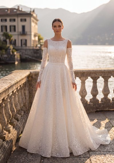 Suknia ślubna HERMINA — Rozkloszowana, Iluzja, Koronka, Tiul, Organza