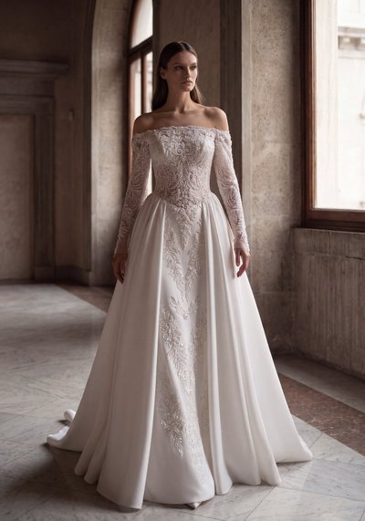 Suknia ślubna IMELDA — Rozkloszowana, Off-shoulder, Krepa, Satyna, Koronka