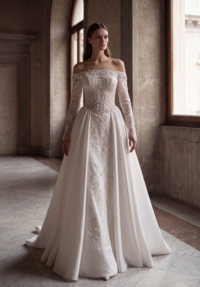 Suknia ślubna IMELDA — Rozkloszowana, Off-shoulder, Krepa, Satyna, Koronka — cała sylwetka