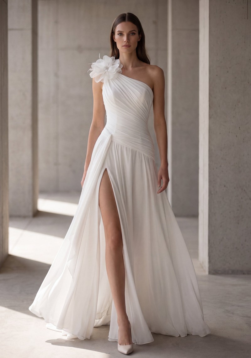 Suknia ślubna INESSA — Sheath, V, Szyfon — cała sylwetka