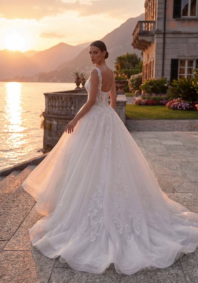 Suknia ślubna MIREN — Rozkloszowana, Iluzja, Tiul, Koronka, Organza