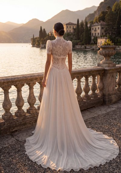 Suknia ślubna VINCEZA — Litera A, Iluzja, Tiul, Koronka, Organza